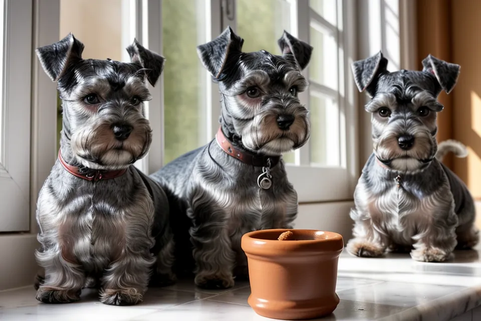 Tijeras de punta roma recortando las cejas de un schnauzer miniatura con cuidado.