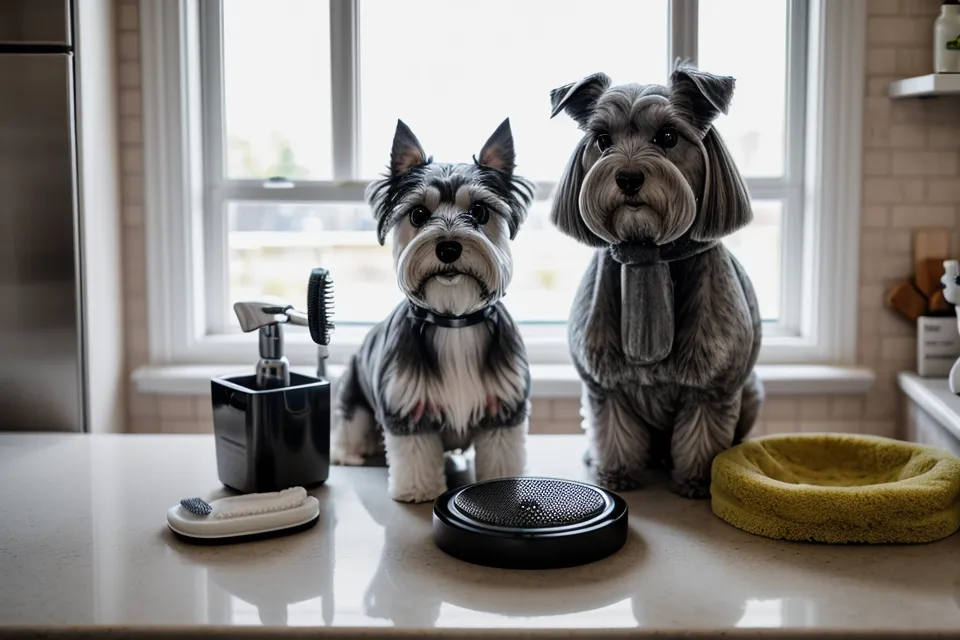 Material de peluquería canina casera sobre una encimera de cocina con luz natural.