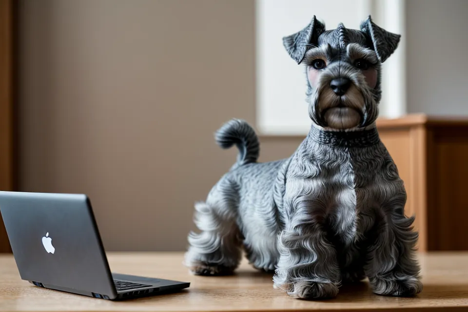 Schnauzer miniatura junto a un ordenador siguiendo un curso de peluquería canina online.