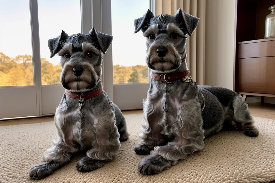 Dos perros schnauzer miniatura recién arreglados descansando satisfechos en el salón.