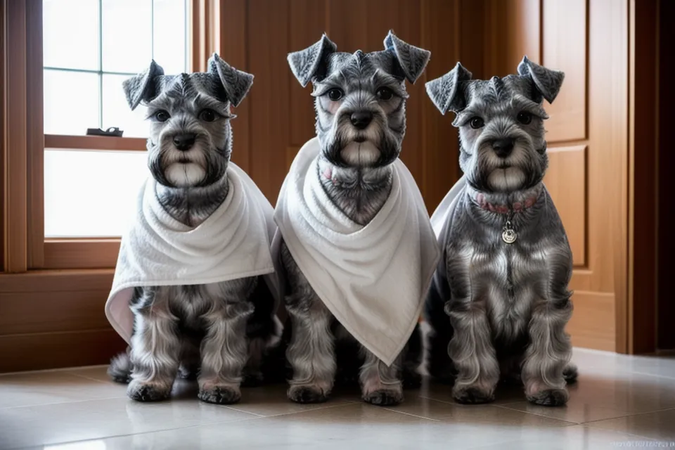 Schnauzer miniatura con las patas recién recortadas en forma de columna uniforme