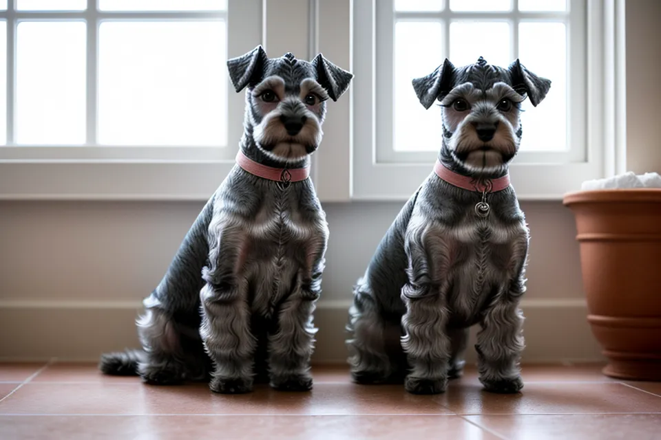 Dos schnauzers miniatura relajados en el sofá tras cortar las uñas sin miedo