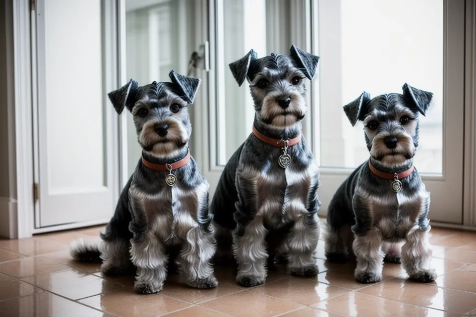 Cómo elegir un champú para perros de pelo duro y seco: bote junto a un schnauzer miniatura recién bañado