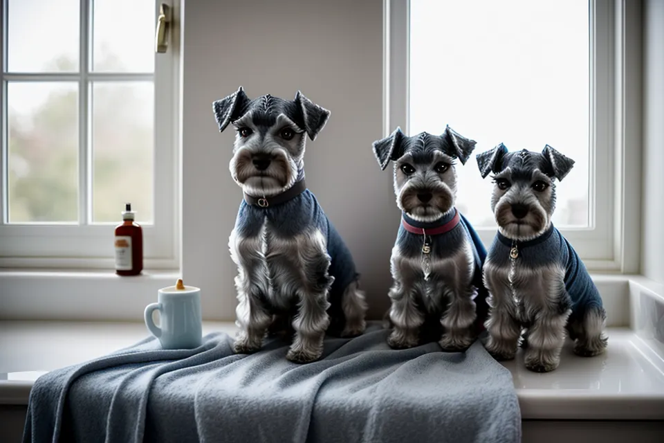 Un helado para perro derretido en el suelo de mármol con un schnauzer curioseando.