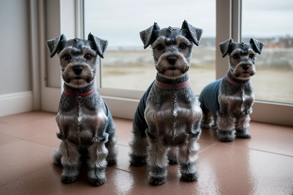 Schnauzer miniatura probando en movimiento un peto cosido a medida en casa