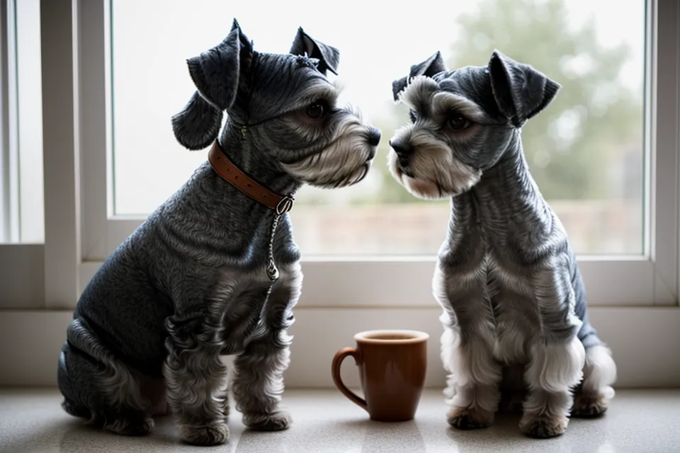 Detalle de los dientes de una tijera de entresacar marcando el pelaje áspero de un schnauzer miniatura