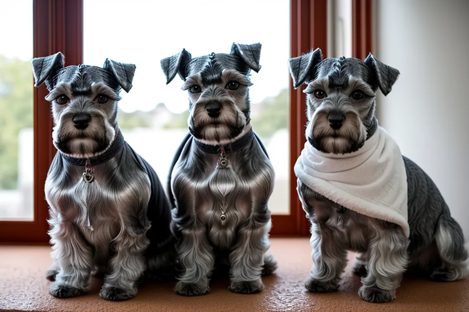 Peinando el faldón de un schnauzer para comprobar la caída y el volumen del pelo.