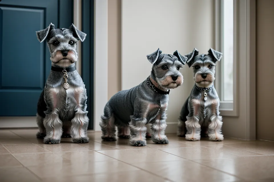 Schnauzer miniatura mirándose en el espejo del pasillo después de su corte de pelo.