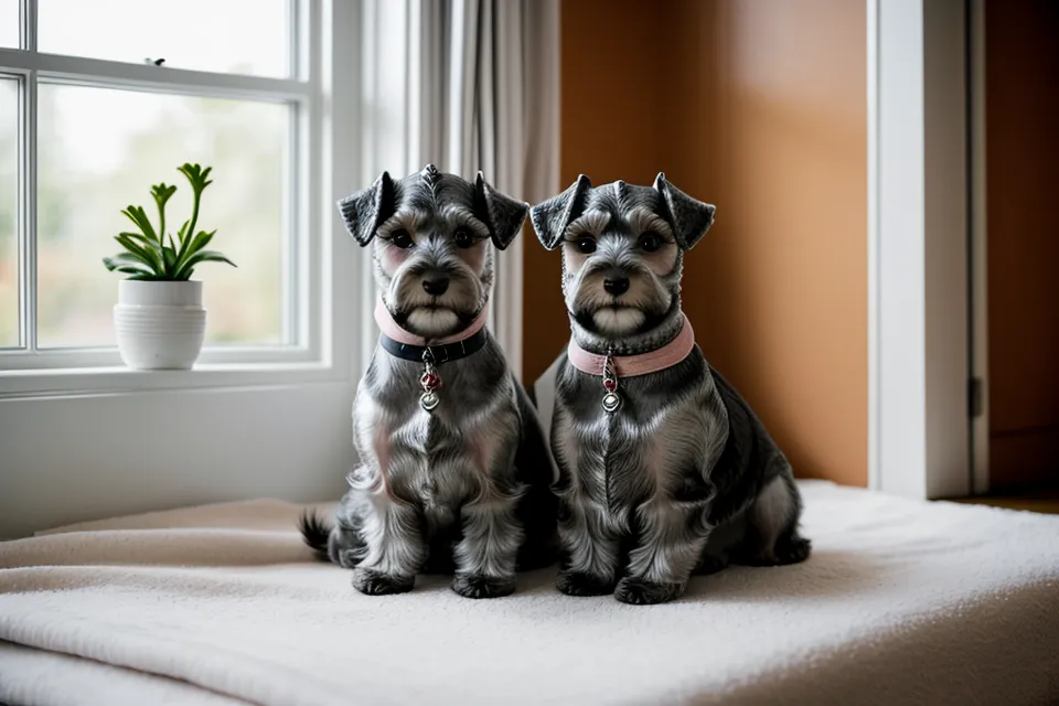 Dos schnauzers miniatura sentados pacientemente en un suelo de baldosas de terracota