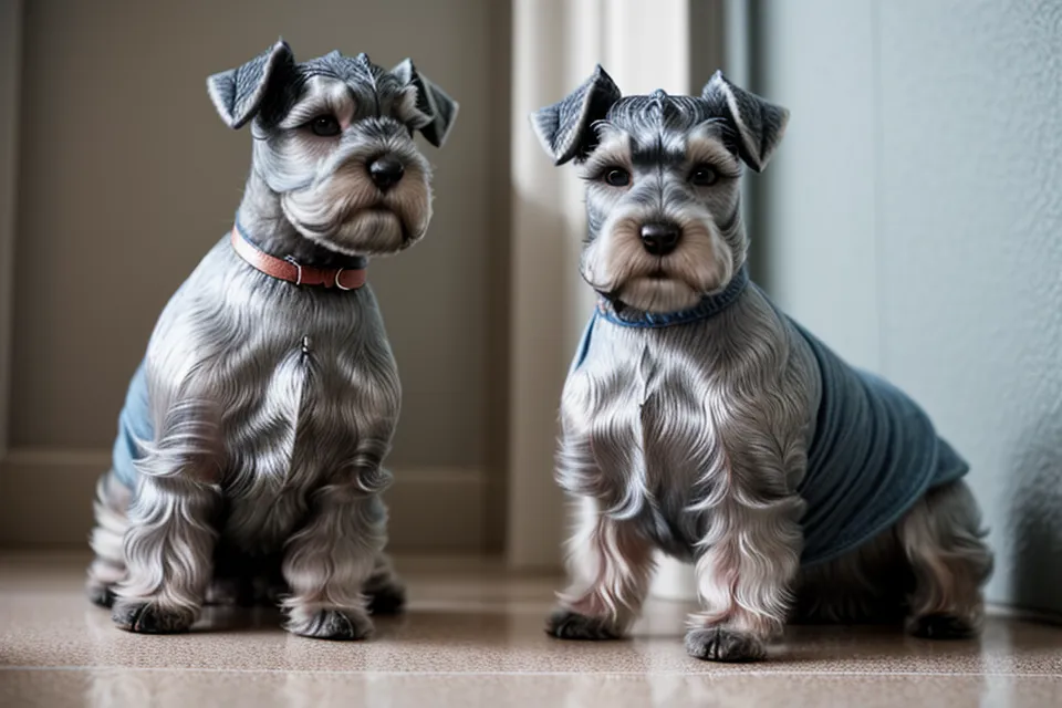 Primer plano de una mano midiendo el lomo de un schnauzer con una cinta métrica.