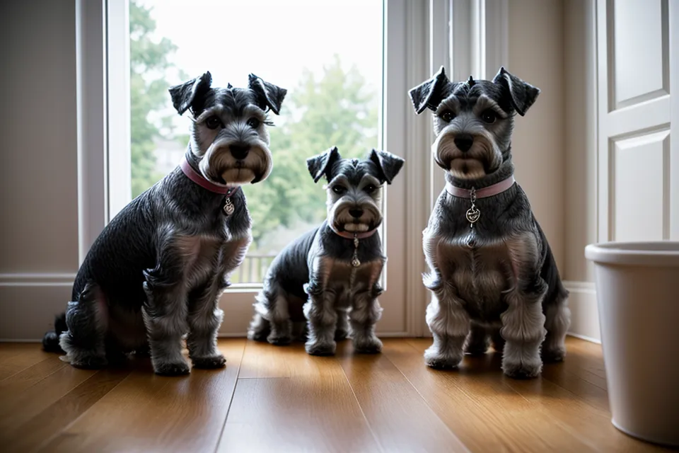 Dos perros schnauzer miniatura en casa, uno de ellos con un jersey gris artesanal.