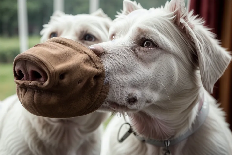 primer plano de manchas rojizas por oxidación en el lagrimal de un perro blanco