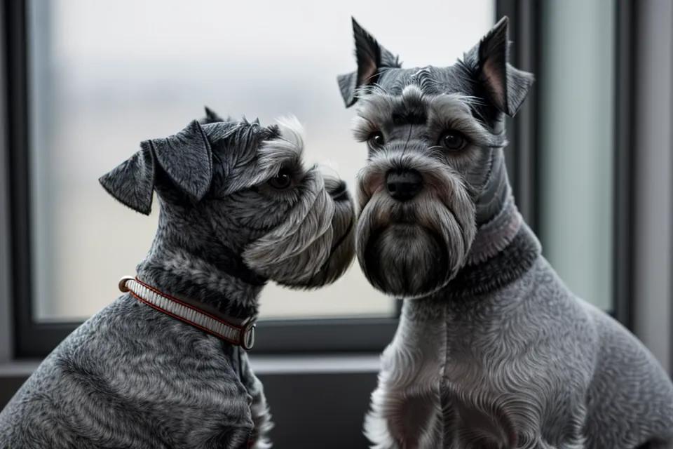 Primer plano de manos palpando el pelo duro de un schnauzer para buscar nudos.