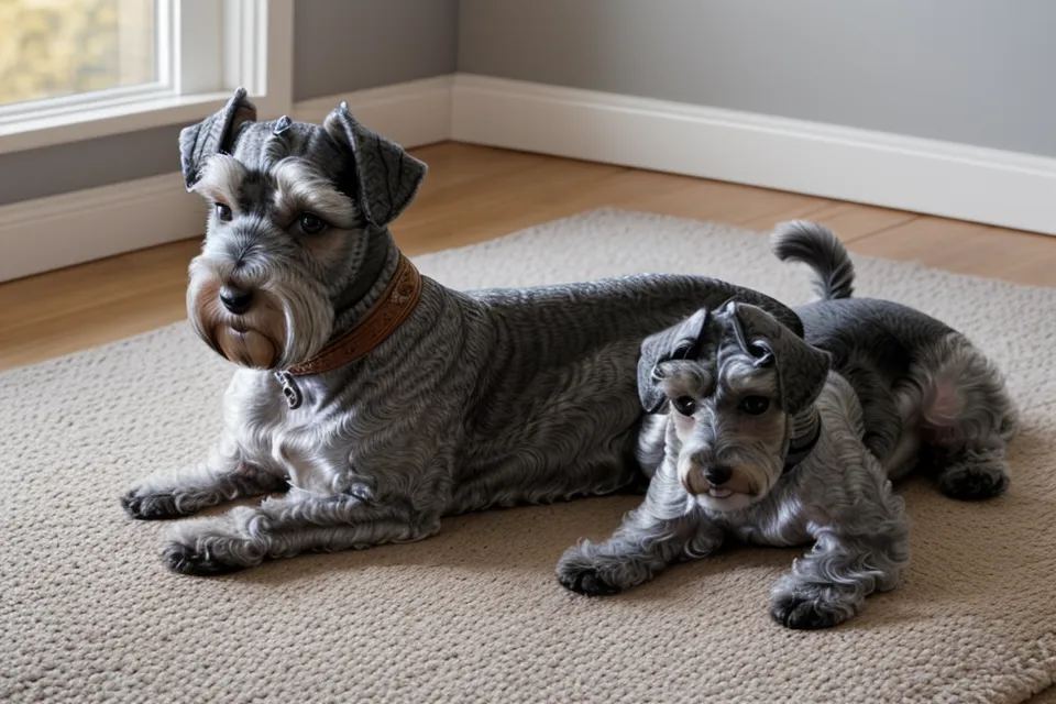 Schnauzer relajado mientras le cepillan las patas en casa sin tirones.